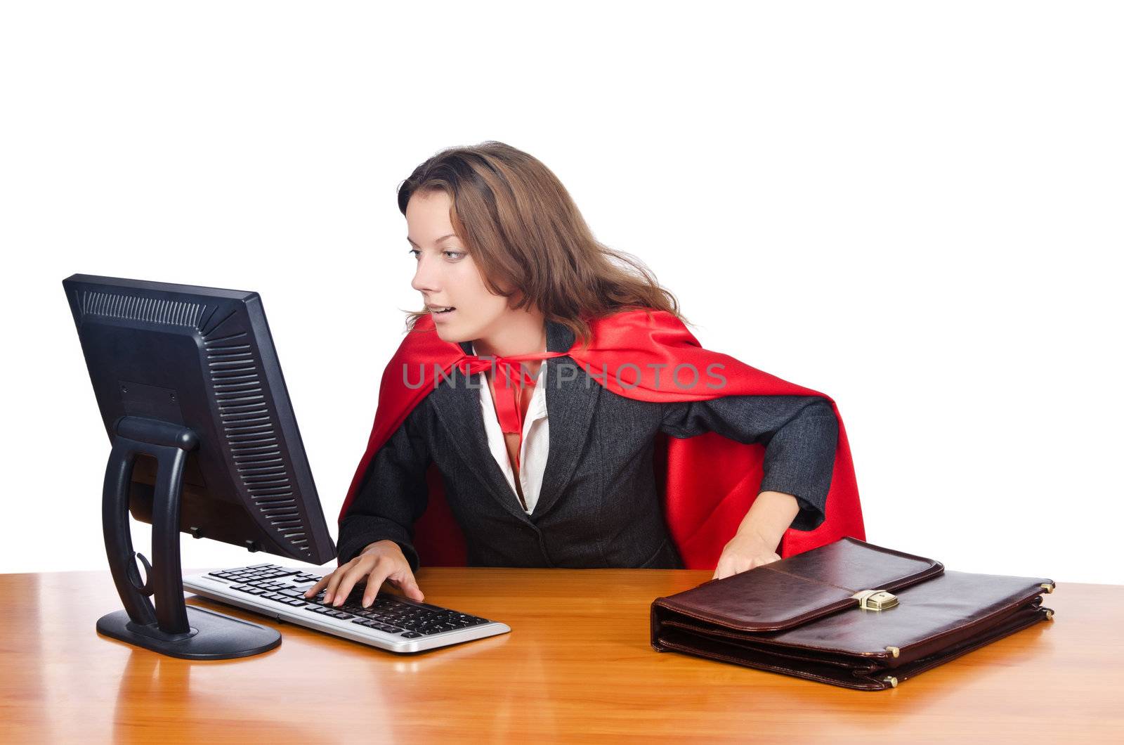 Superwoman worker working in office by Elnur