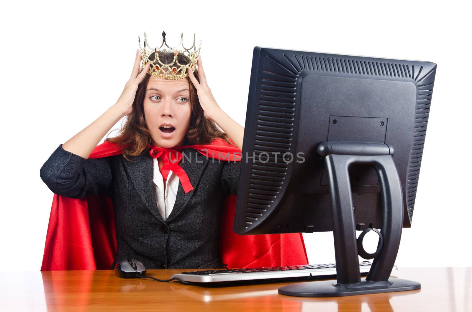 Superwoman worker with crown working in office