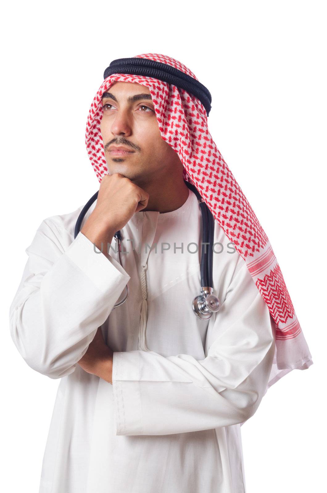 Arab doctor with stethoscope on white