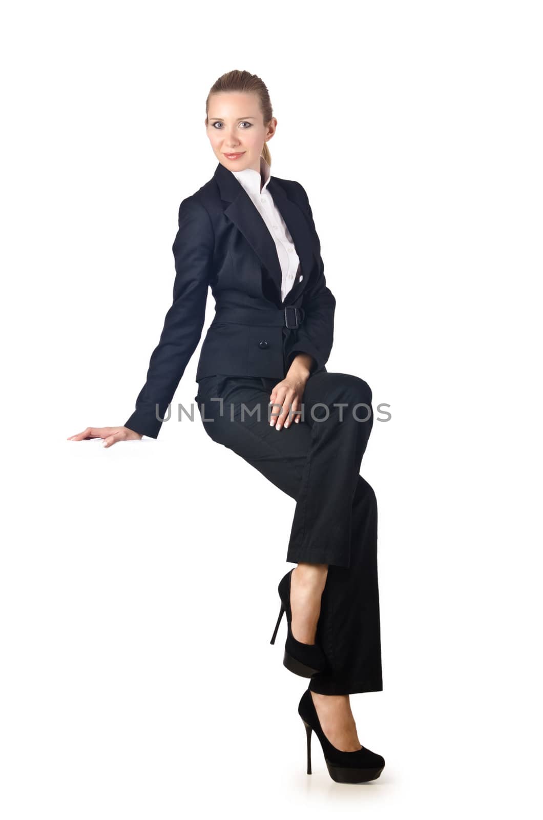 Woman businesswoman sitting on virtual wall