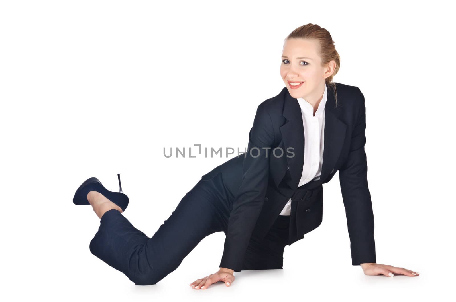 Woman businesswoman sitting on virtual wall