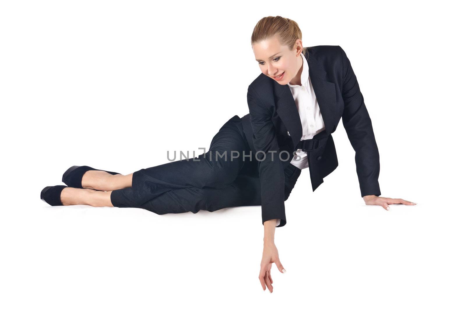 Woman businesswoman sitting on virtual wall