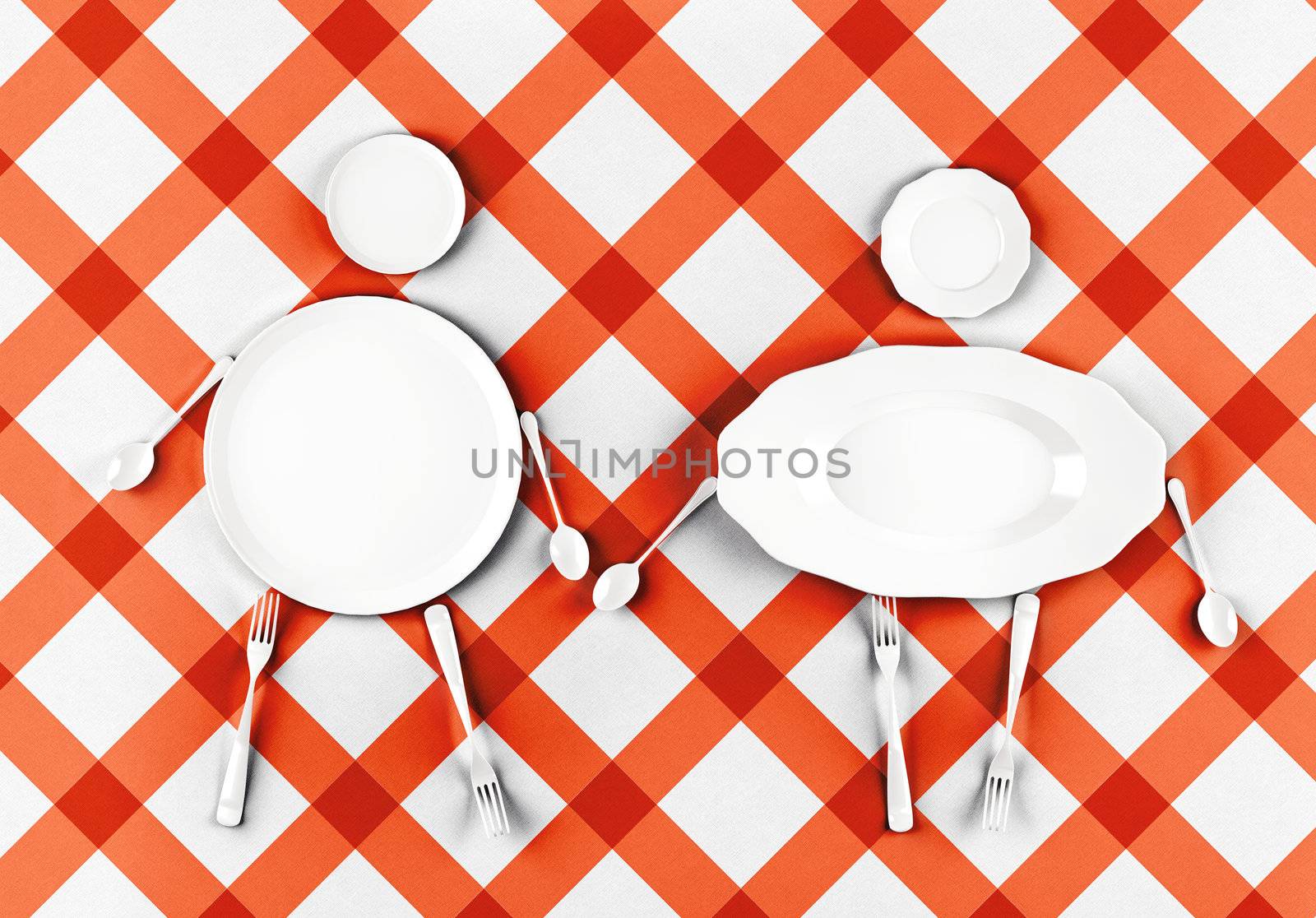 figures of men and women,  stylized by dishes on a pattern background