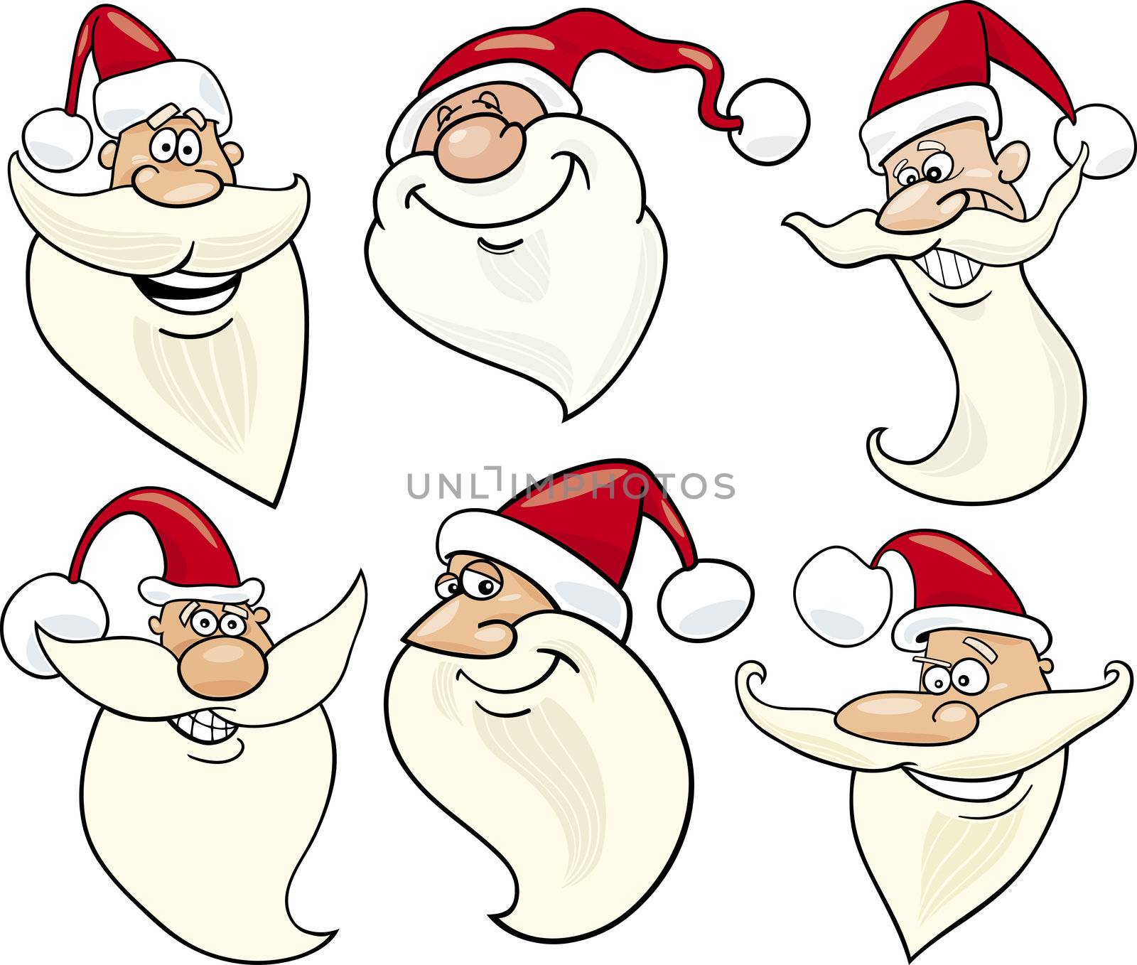 Cartoon Illustration of Santa Claus or Papa Noel or Father Christmas Happy Faces Icons Set