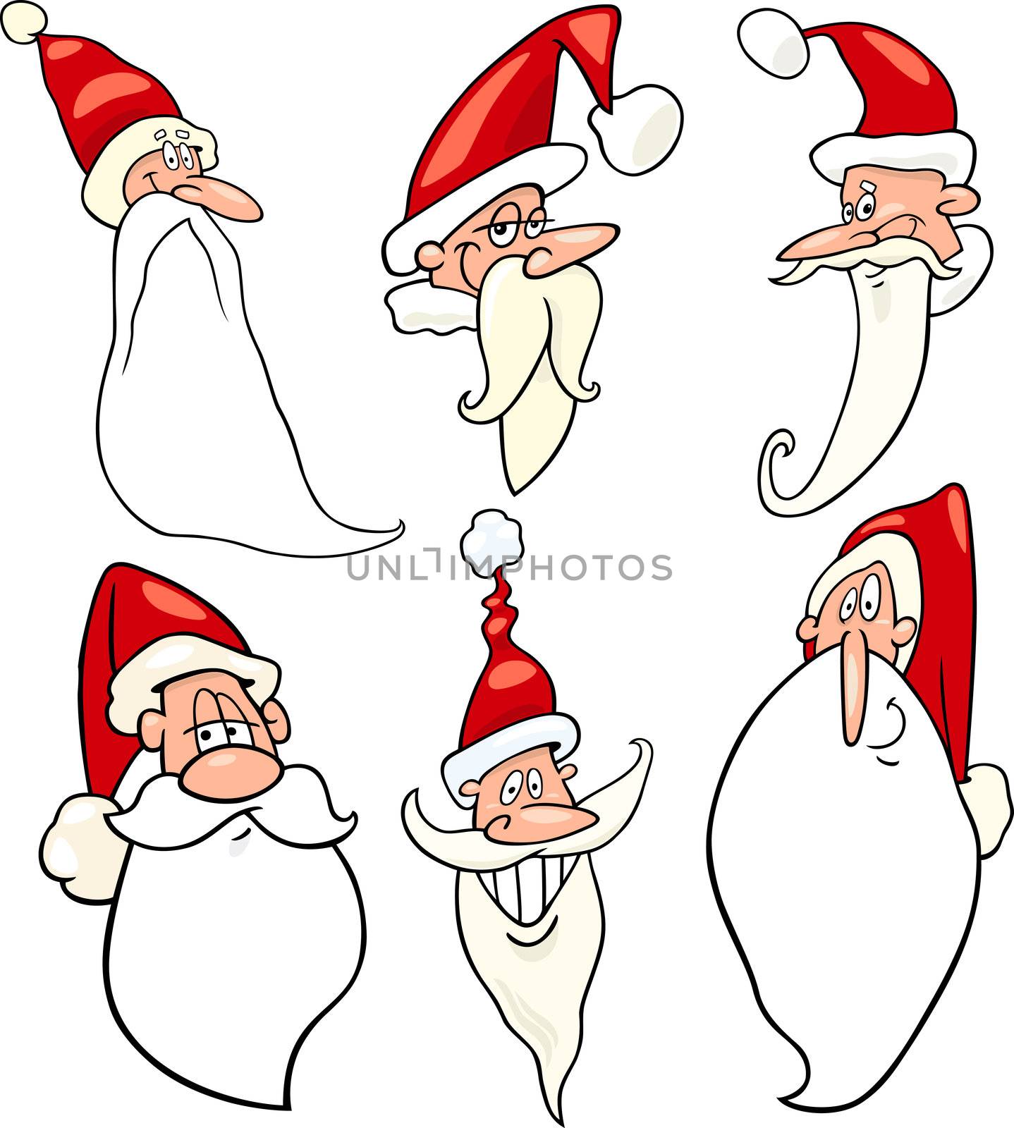 Cartoon Illustration of Santa Claus or Papa Noel or Father Christmas Happy Faces Icons Set