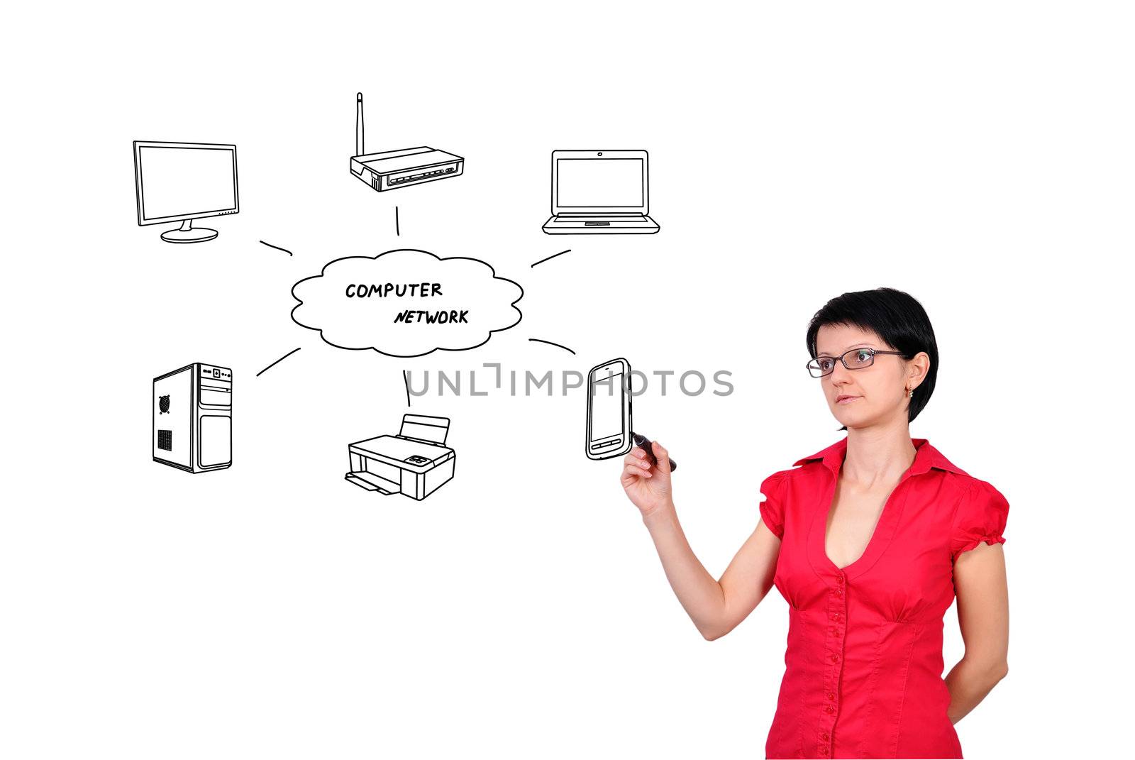 businesswoman drawing model computer network