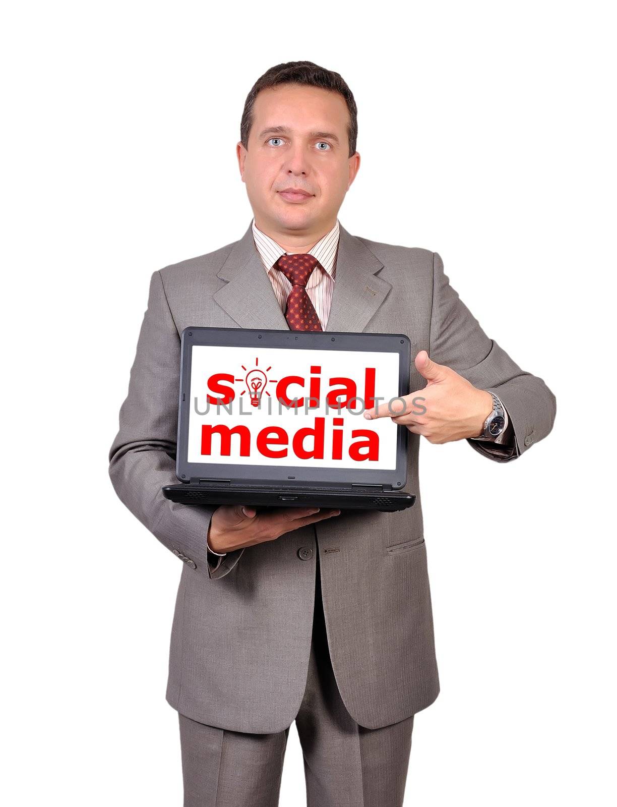 businessman and notebook with social media,