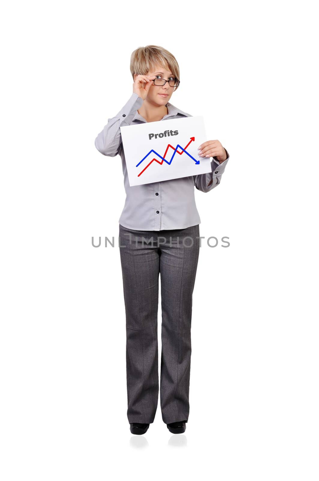 businesswoman holding a sign saying profits