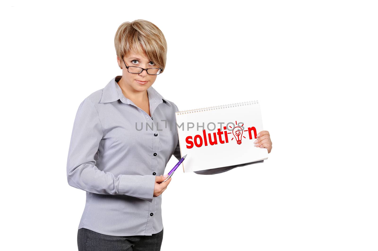 Woman holding poster with solution