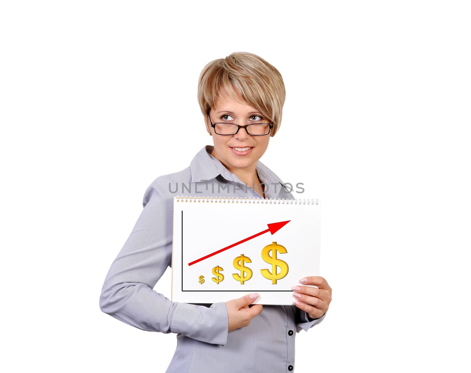 Woman holding placard scheme rising dollar