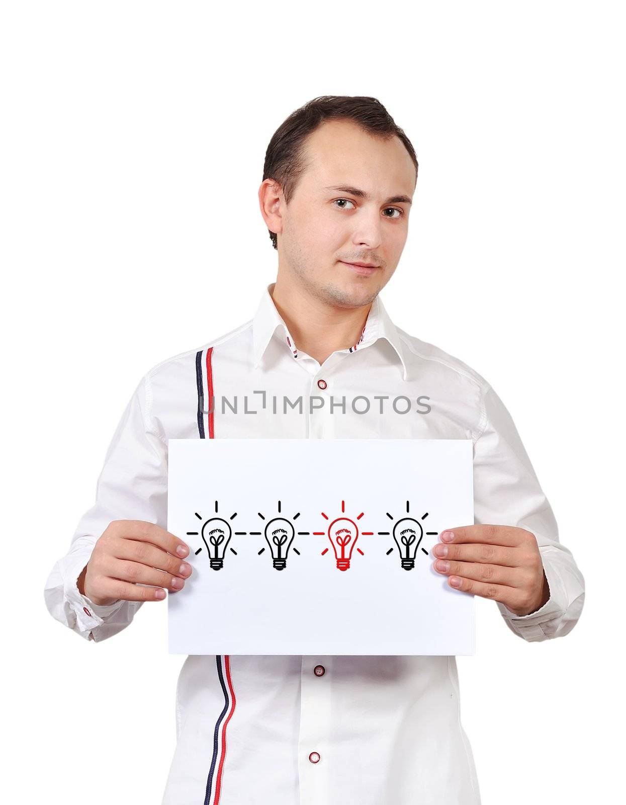 man holding poster with lamps