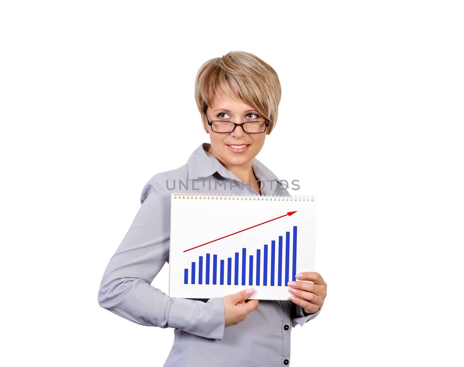 businesswoman holding a sign saying profits