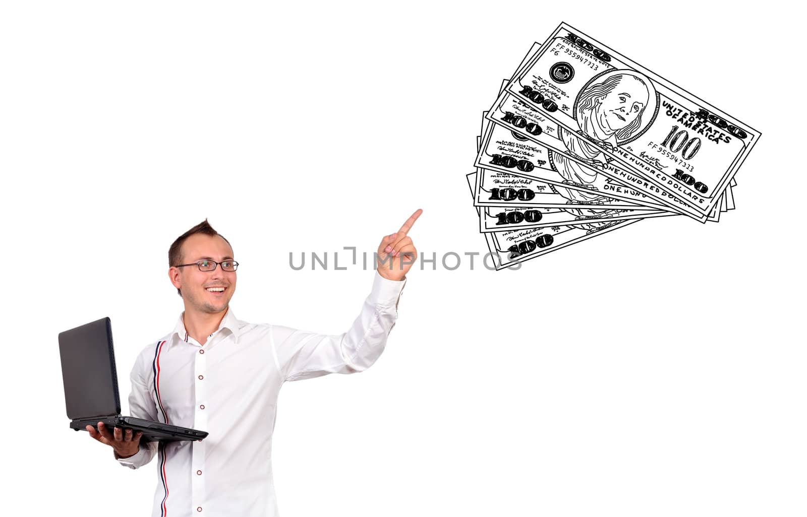 businessman points to drawing money