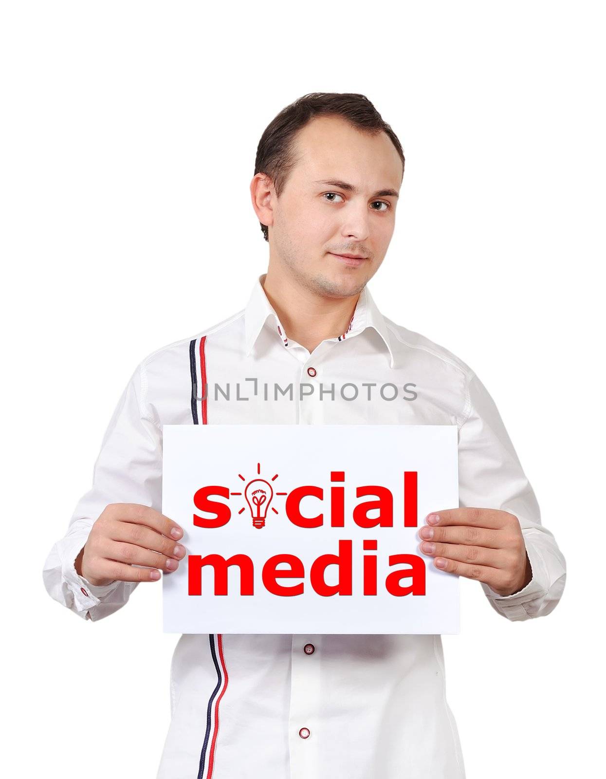 businessman holding poster with social media