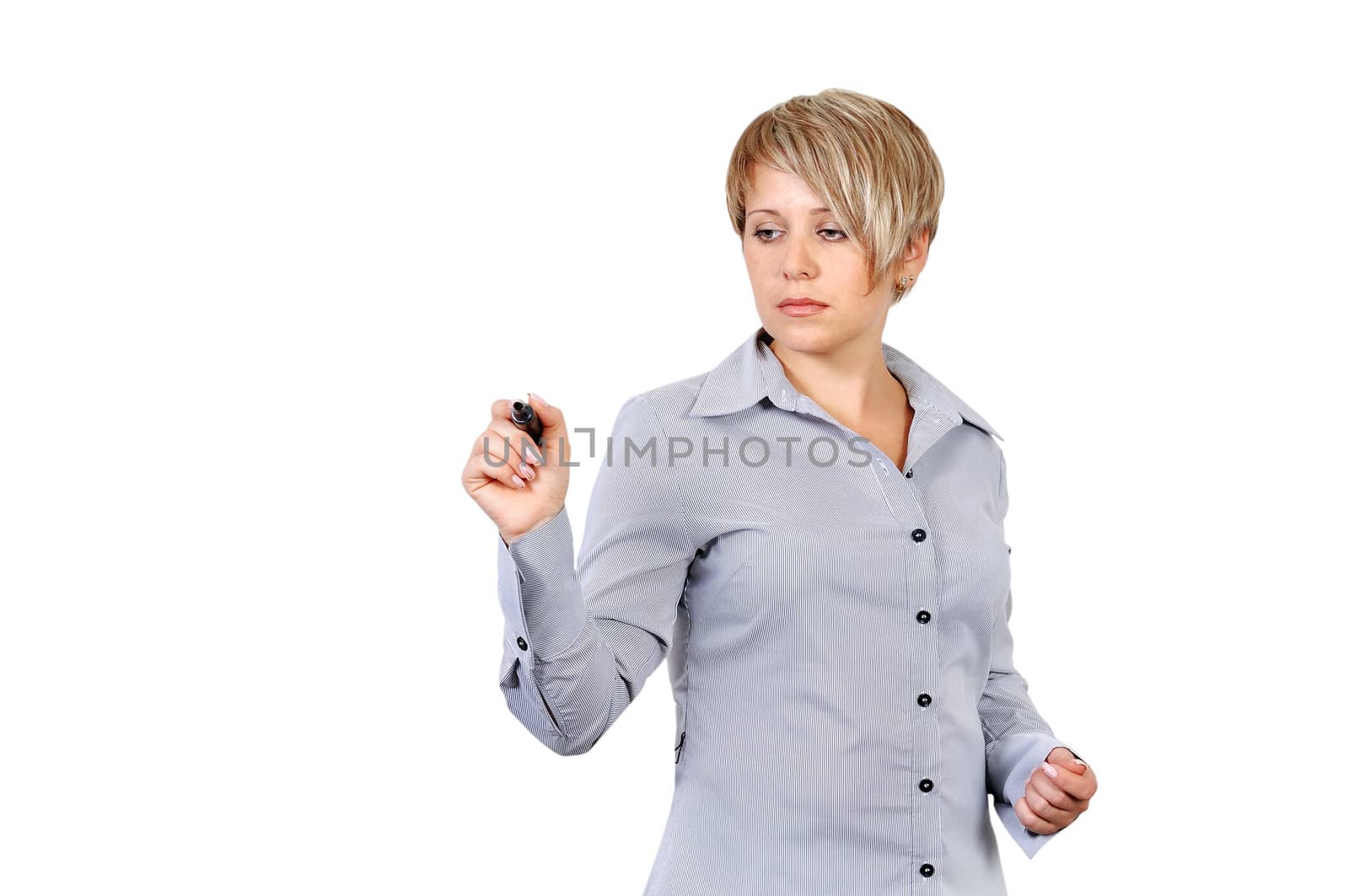 businesswoman writing on a board invisible