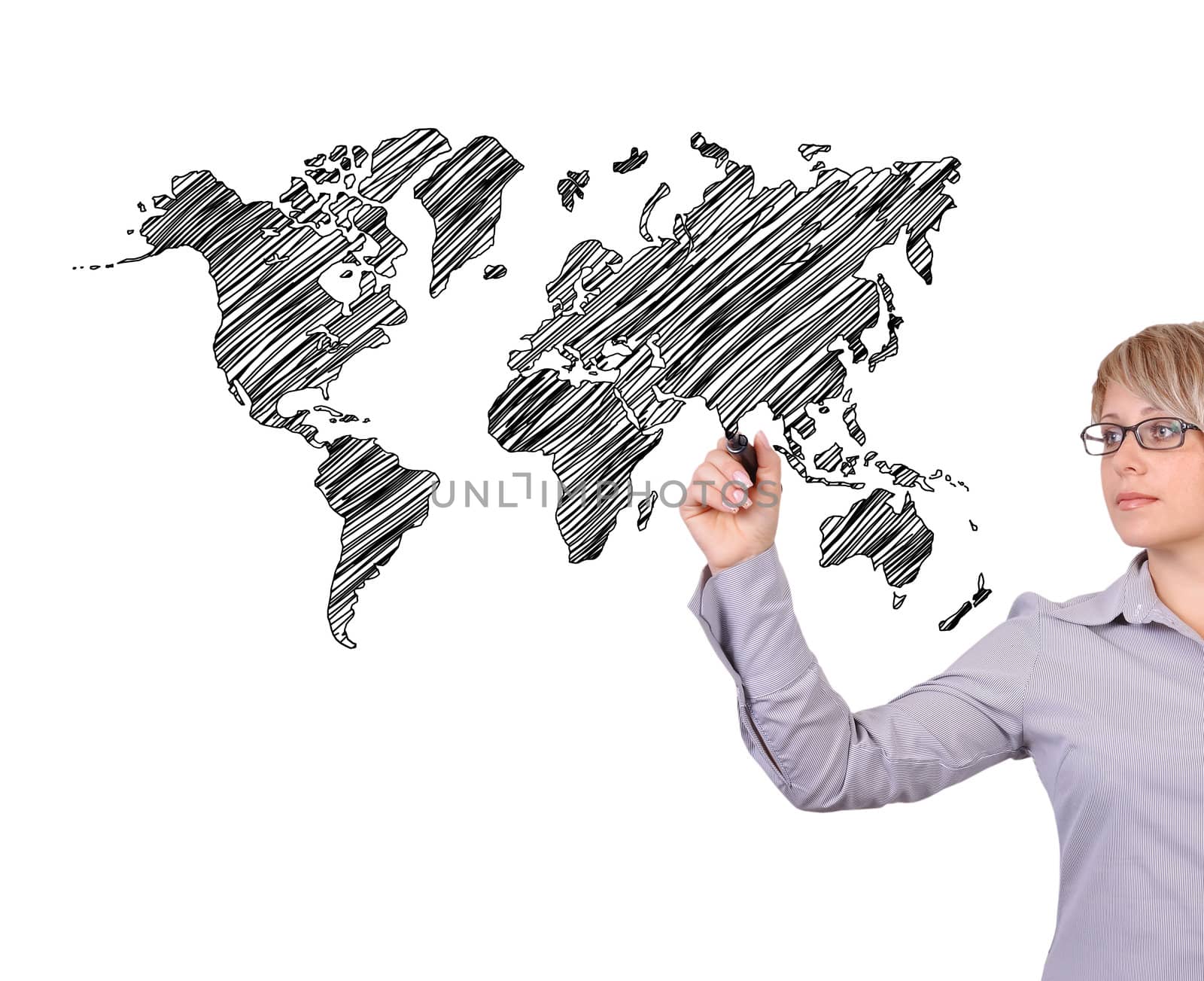 businesswoman drawing world map on white background