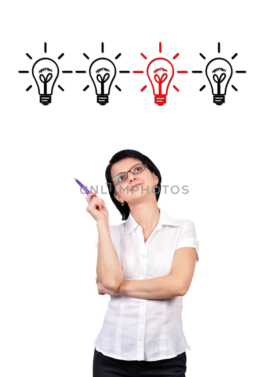 Businesswoman dreaming and four lamps, idea concept
