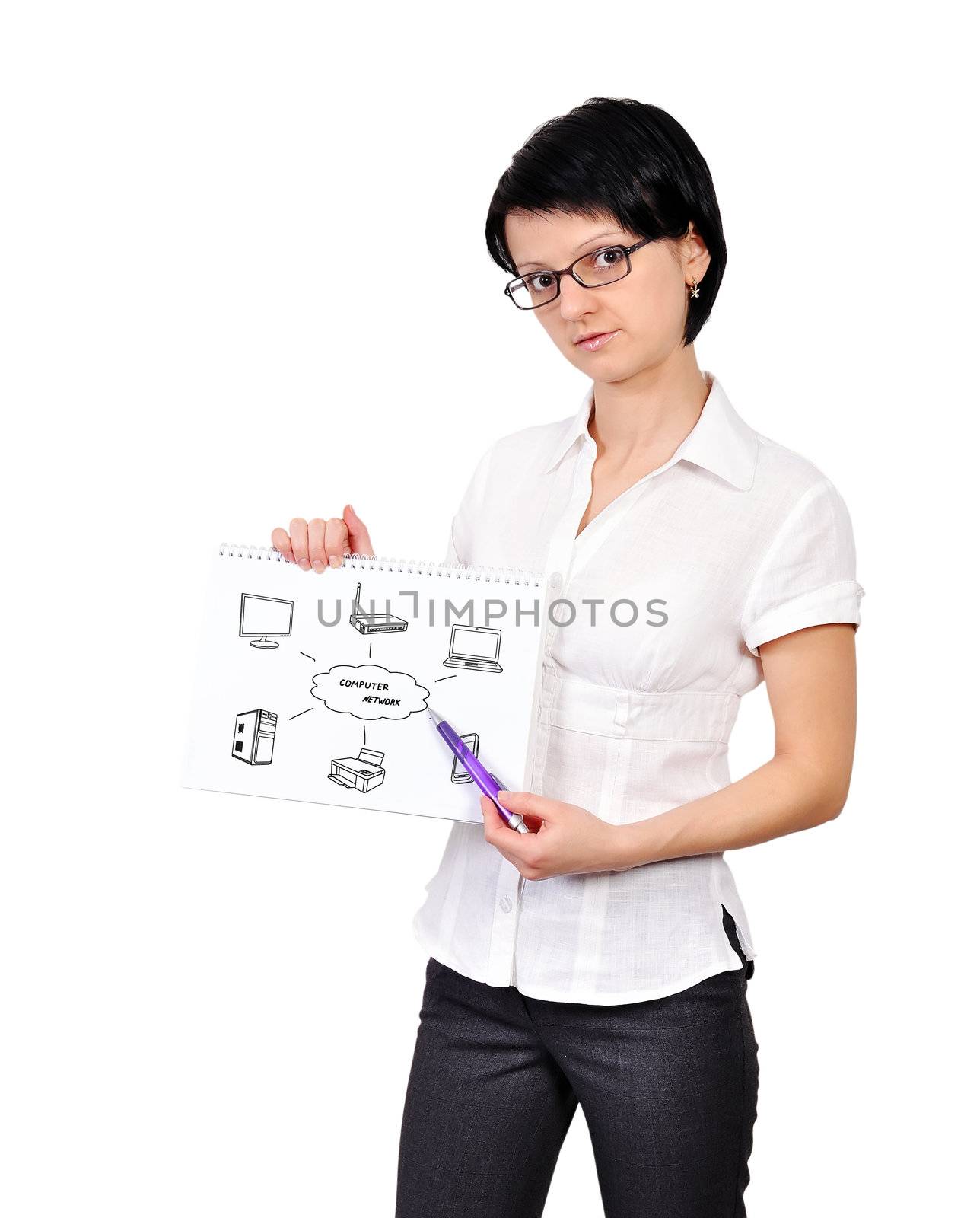 businesswoman holding poster with scheme computer network