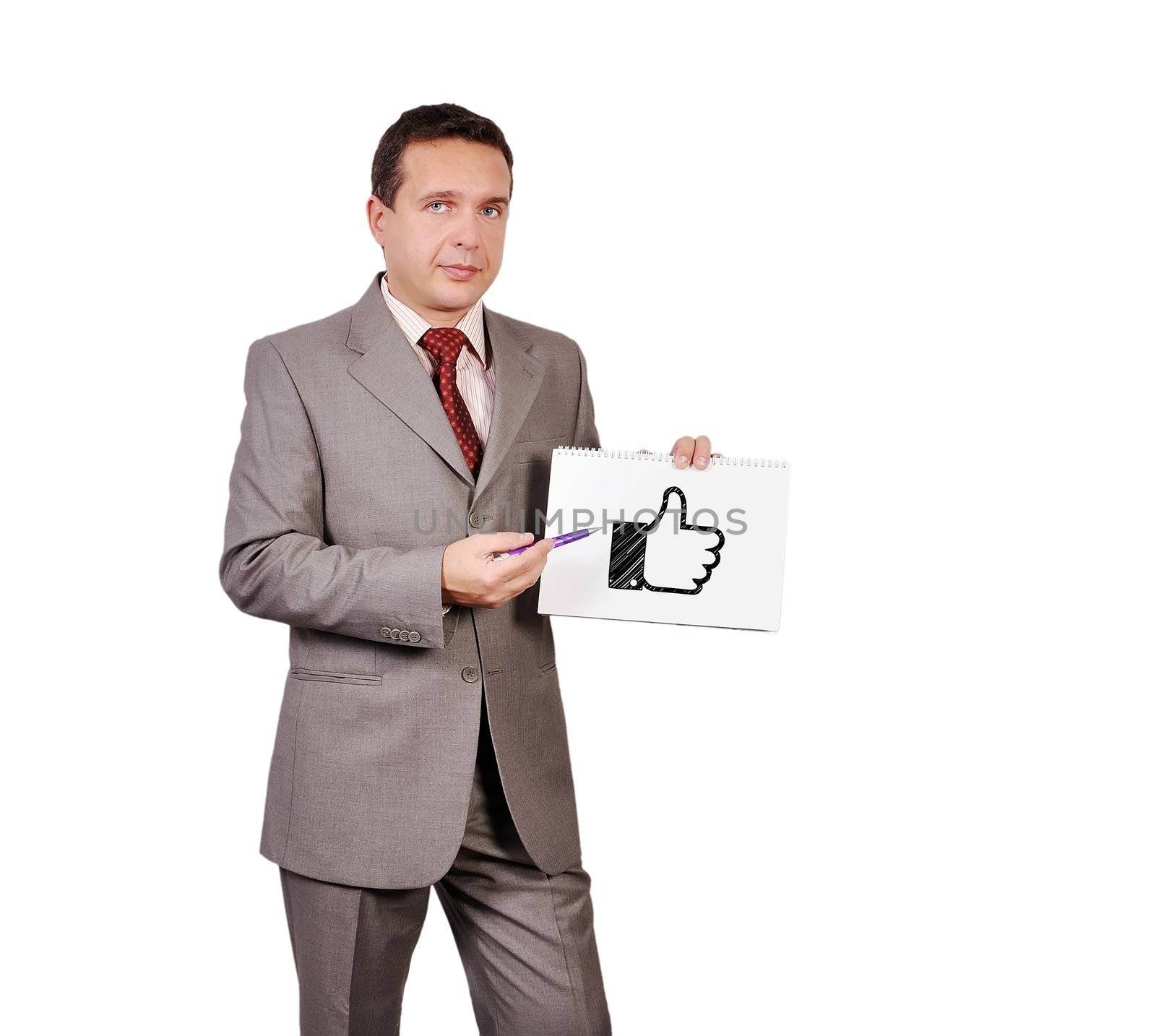 businessman holding  poster with like symbol