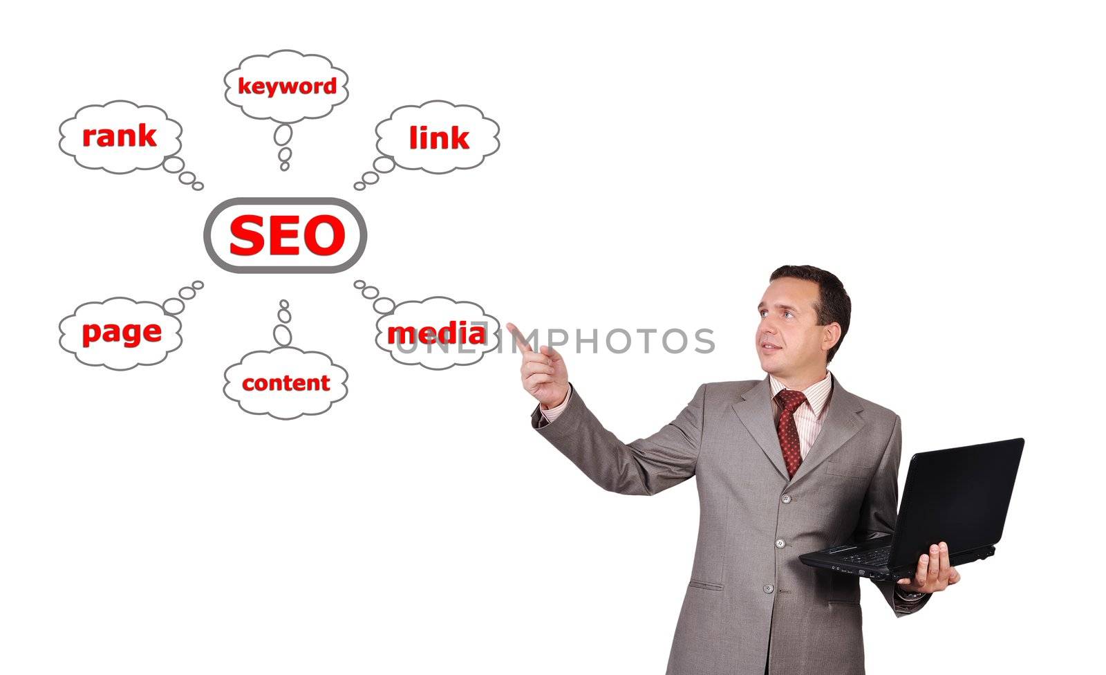 man with  laptop in hand points to graph seo
