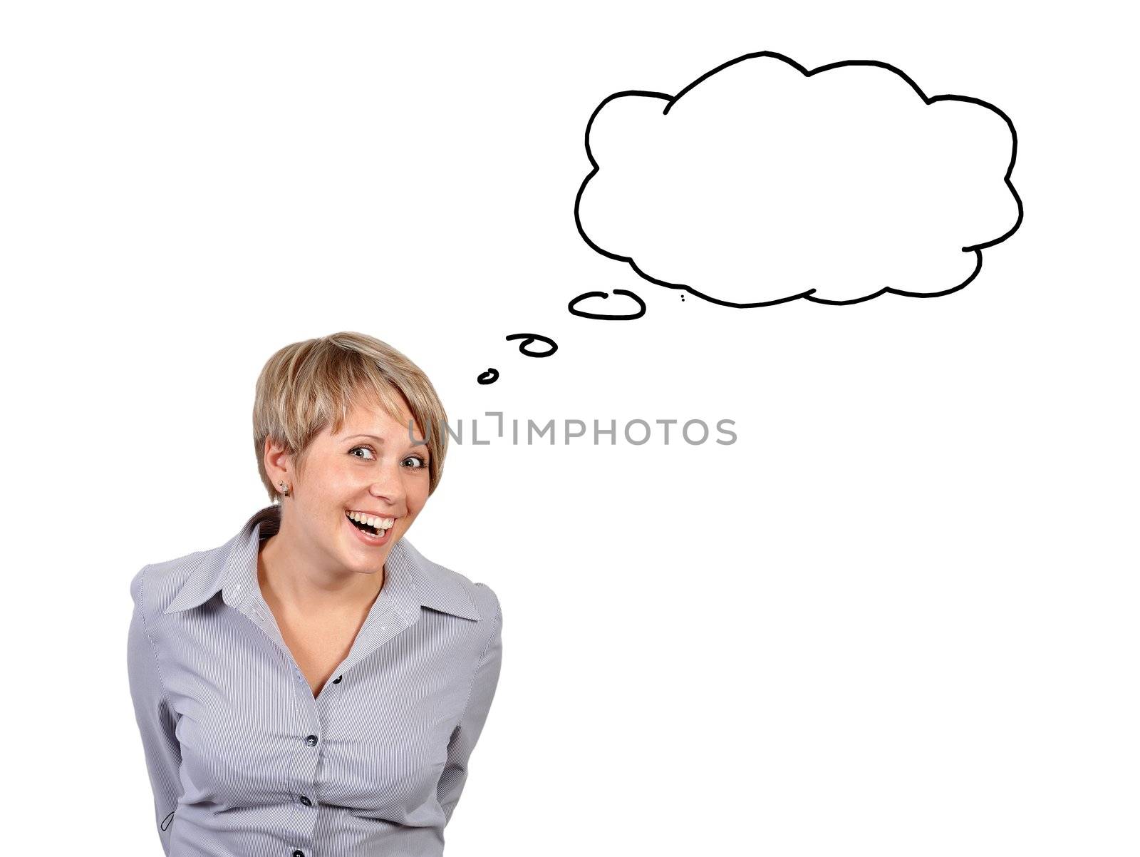 funny  businesswoman dreaming on white background