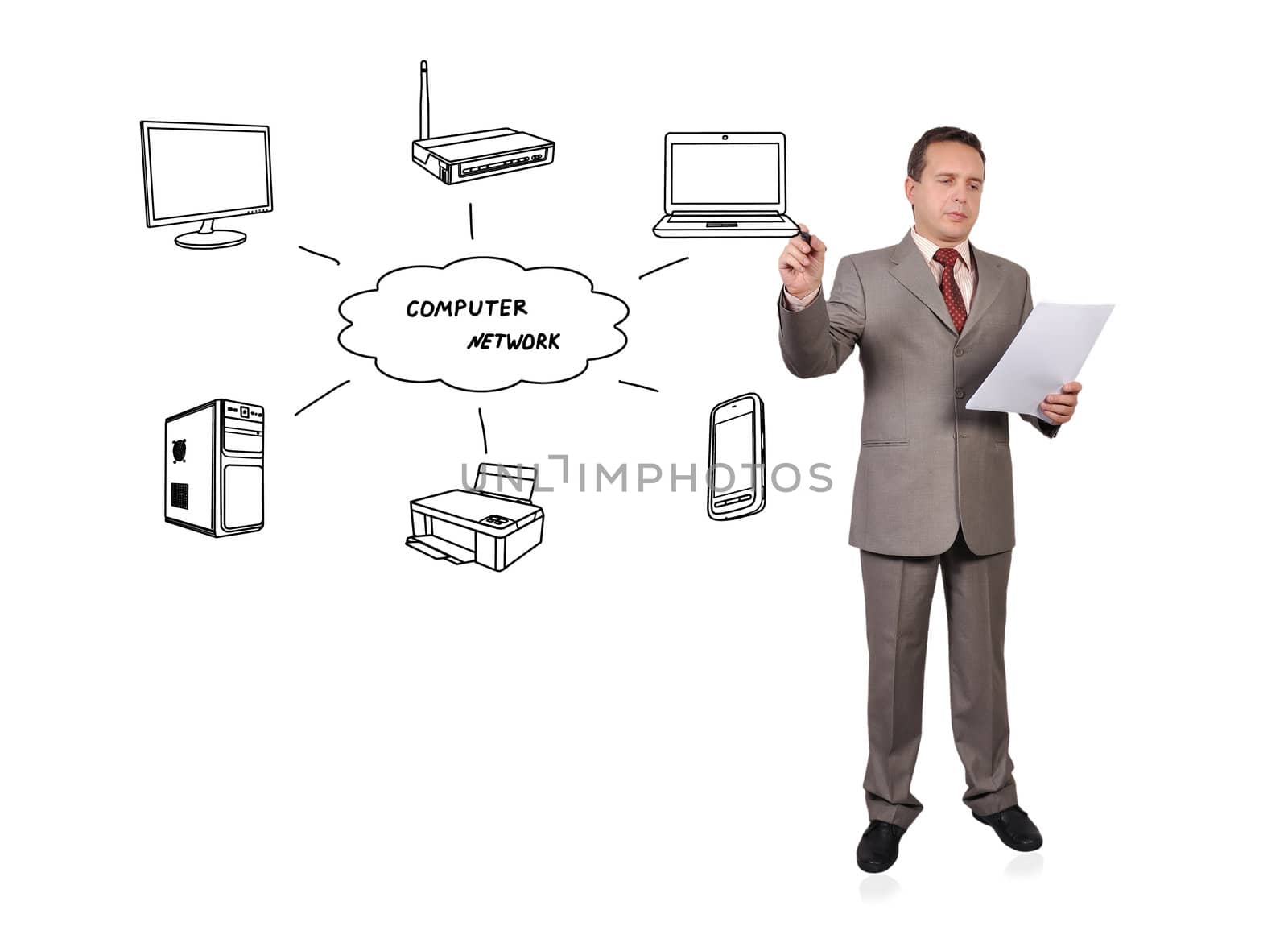 businessman drawing computer network on white background