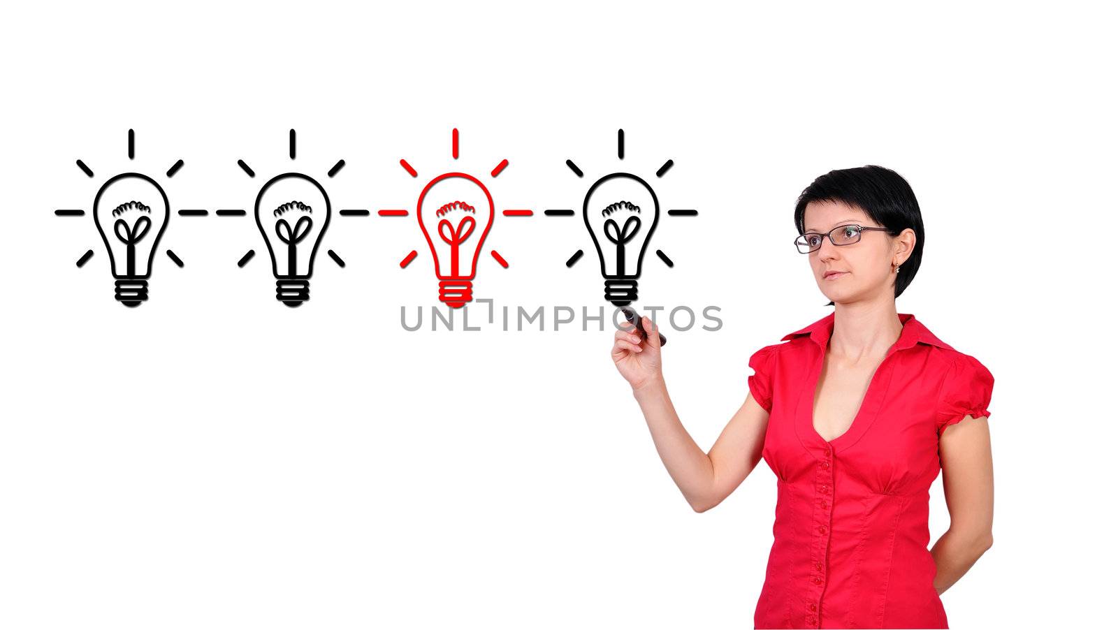 businesswoman drawing lamps, idea concept