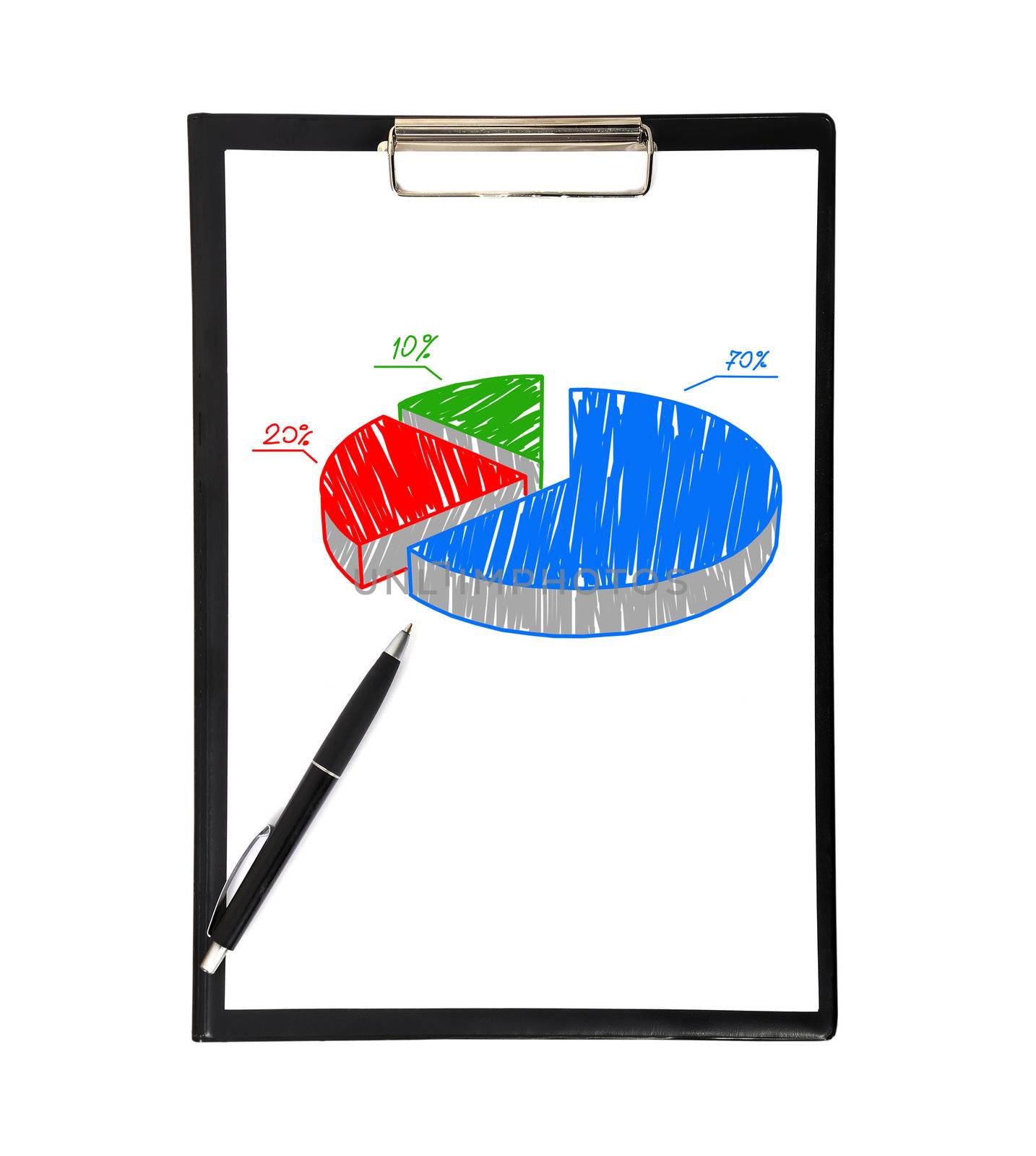 clipboard with pie chart on white background