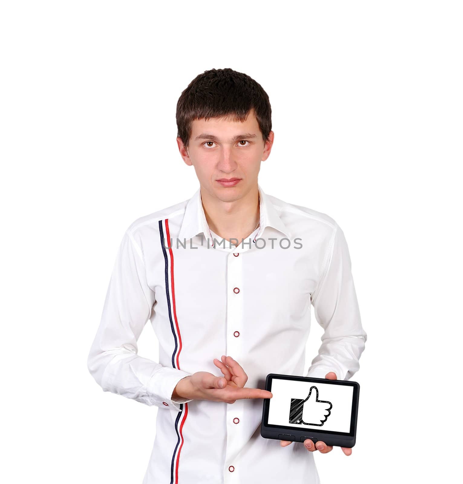 teenager with digital tablet with like symbol
