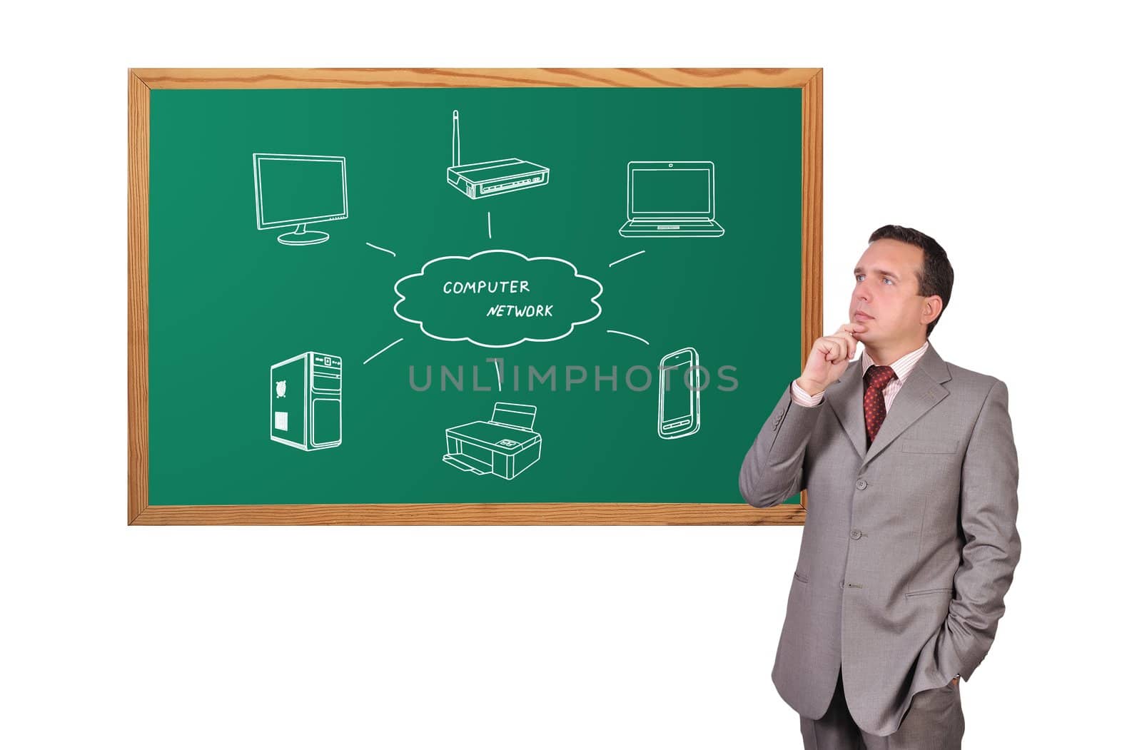 businessman dreaming and computer network on blackboard