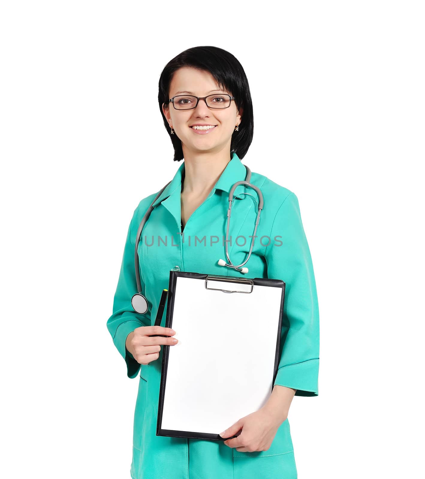 Portrait of happy smiling young female doctor