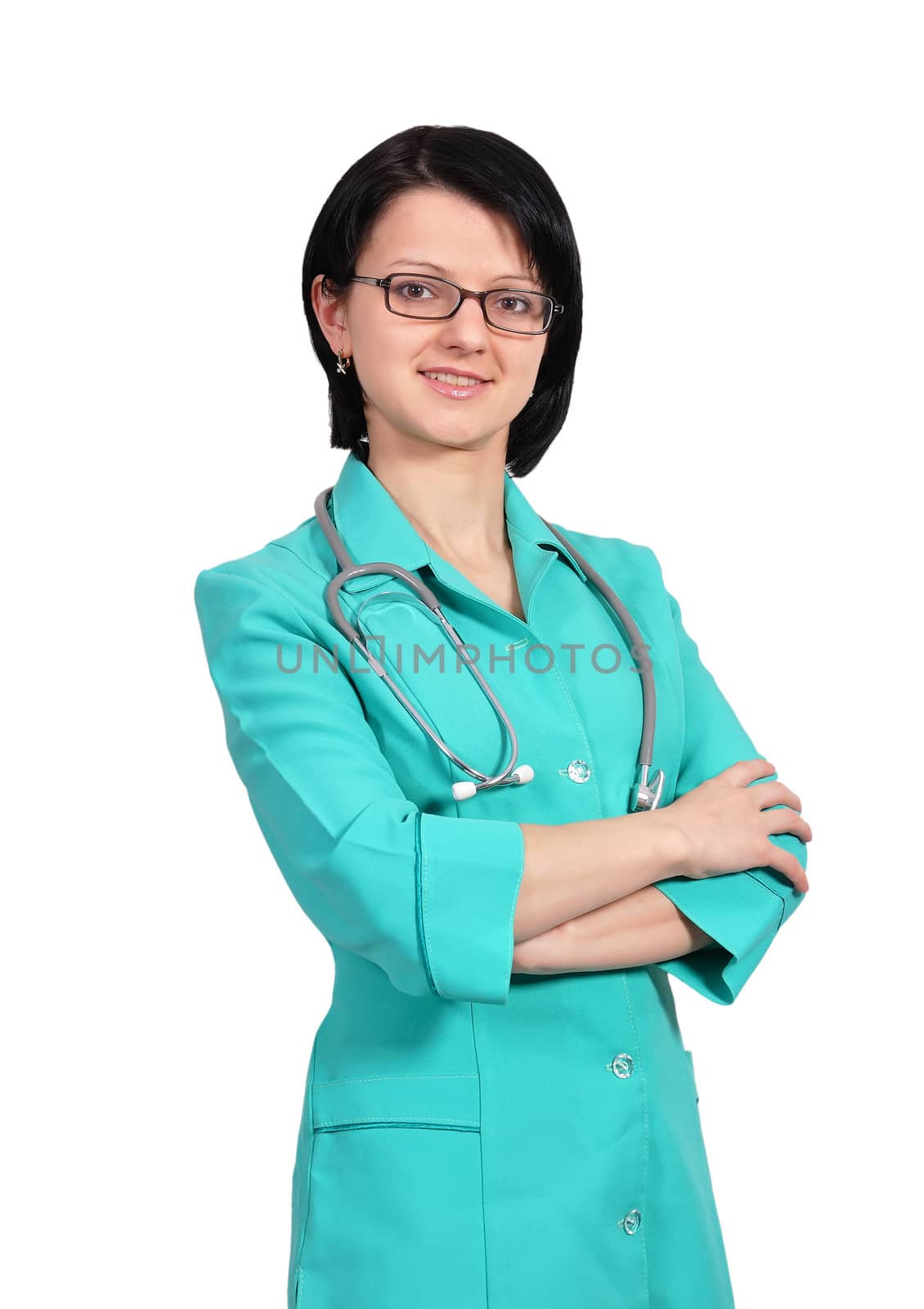 Portrait young female doctor and stethoscope