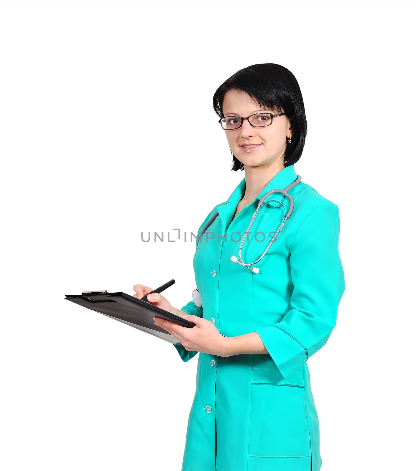 female doctor holding a clipboard on white background
