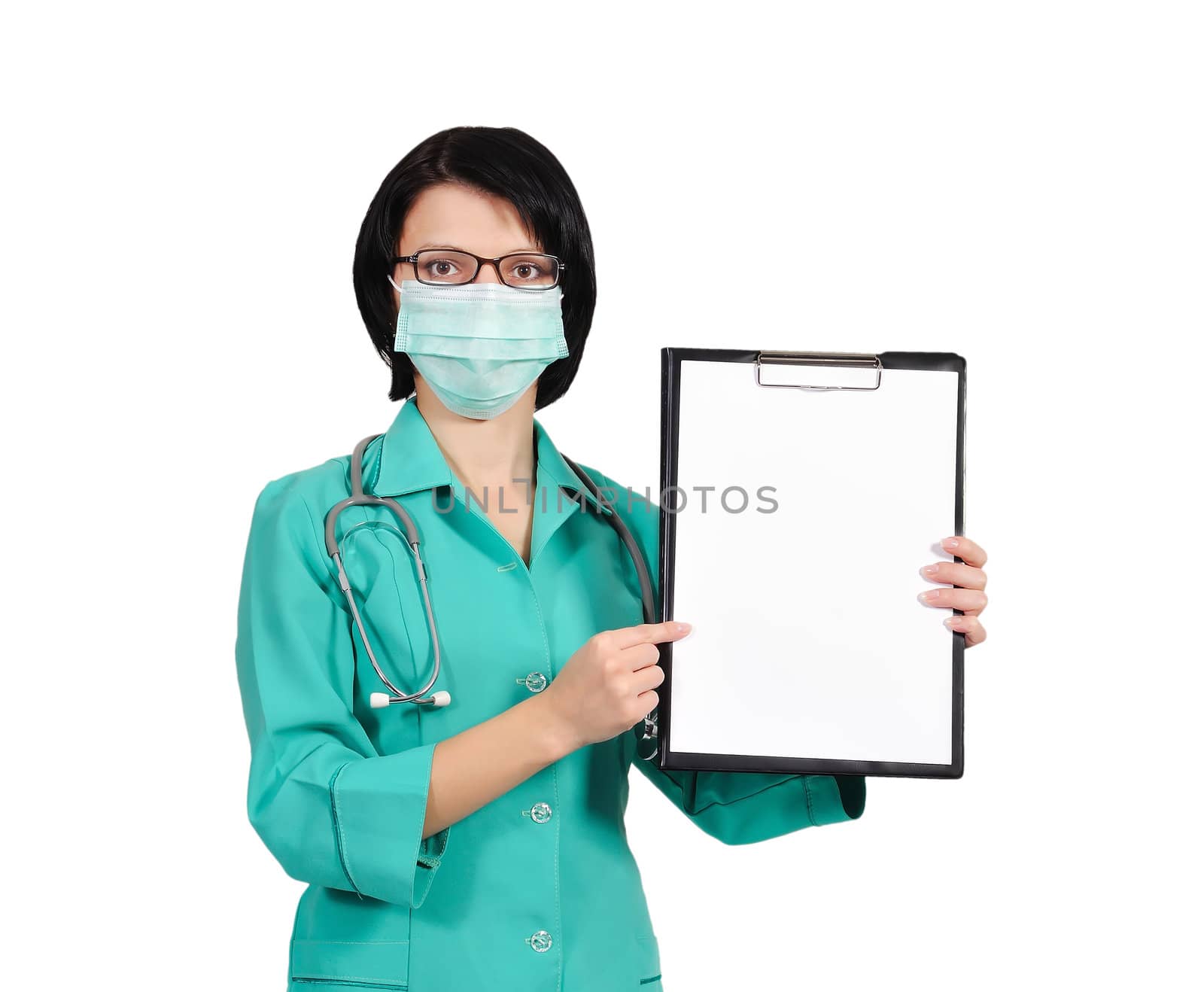 young female doctor with clipboard on white background