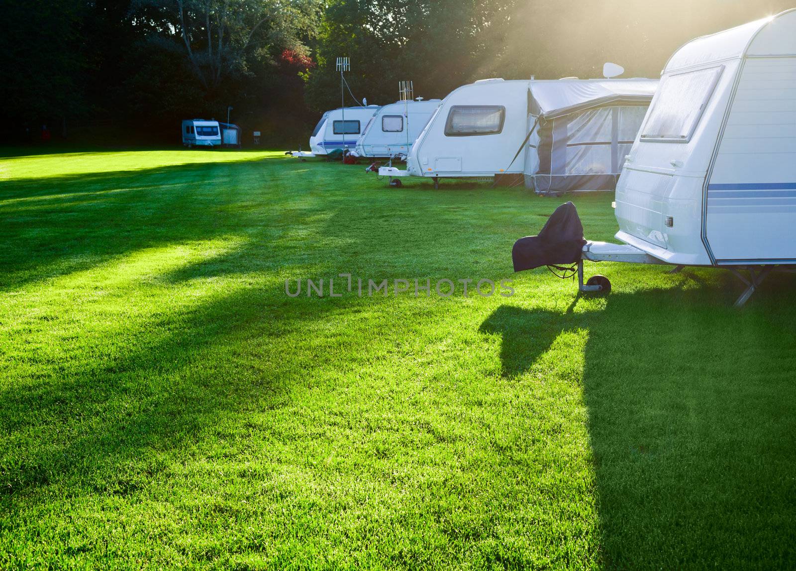 Campsite with caravans in a morning light