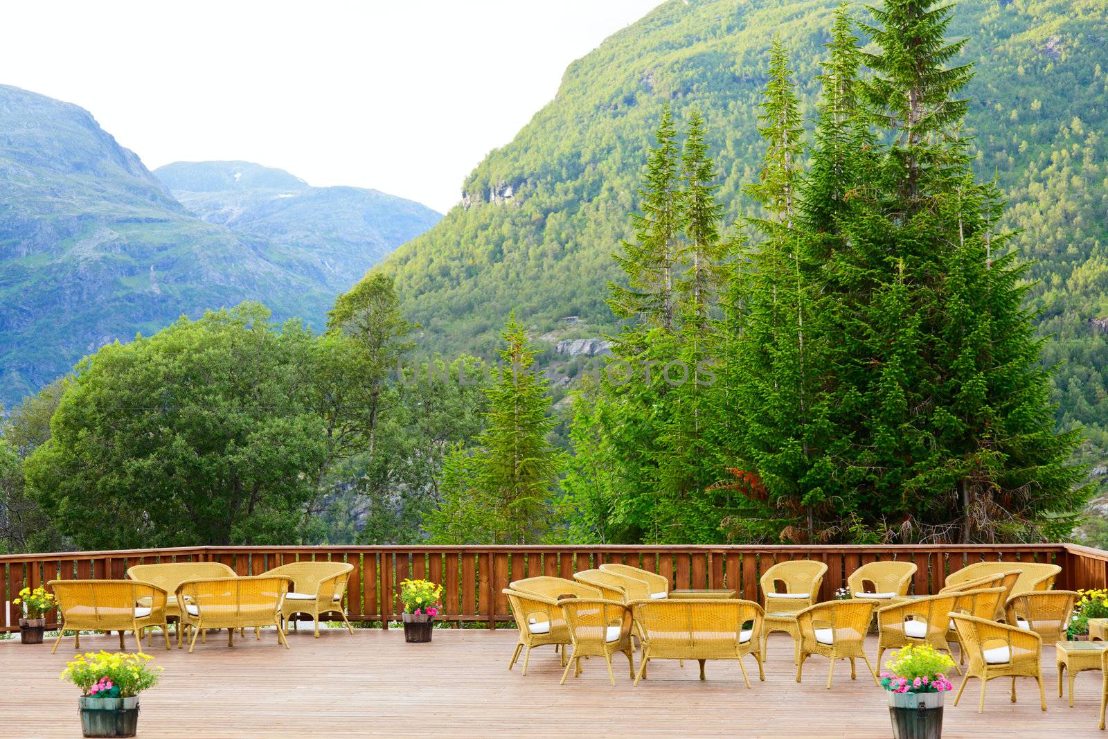 Tables and chairs of outdoor restaurant in Norway