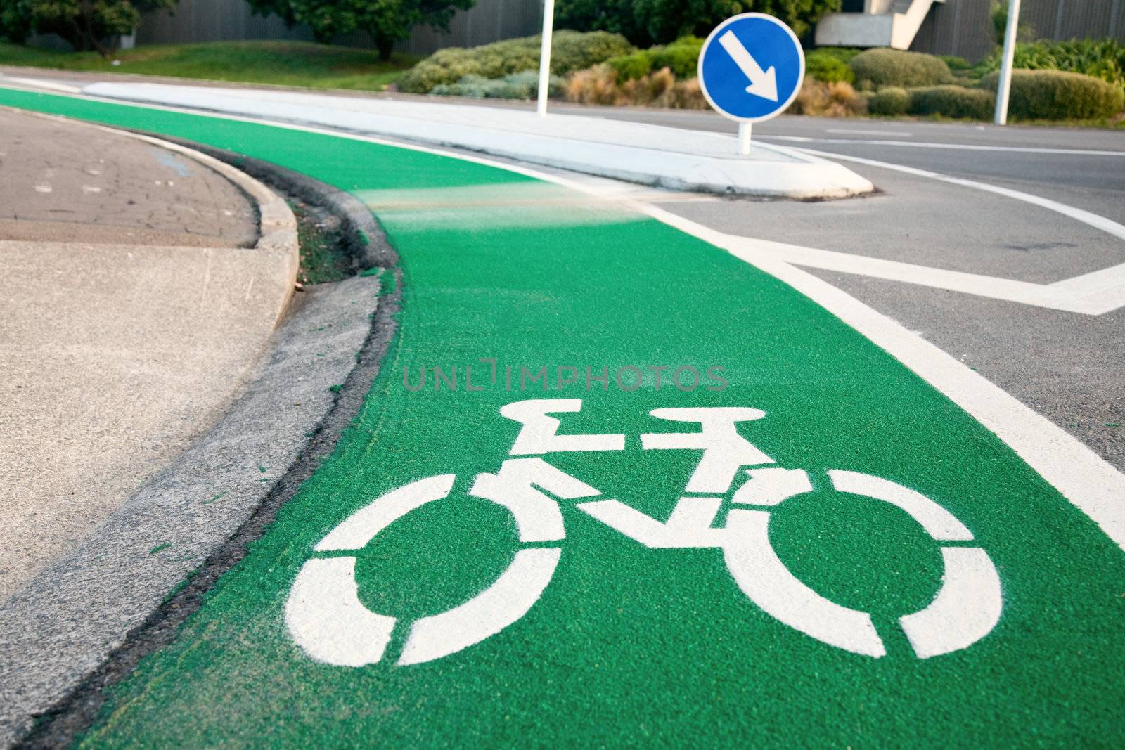 Empty green cycle track with bike lane sign