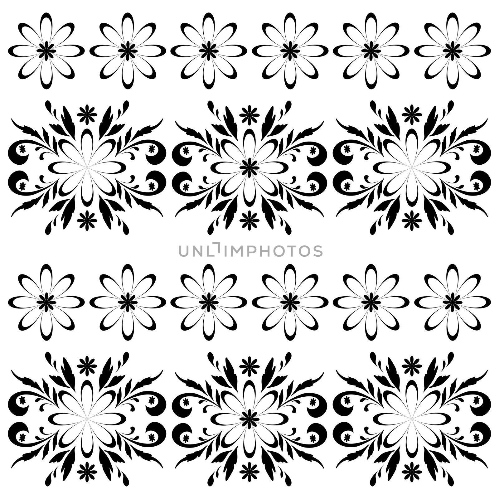 Seamless floral pattern, black symbolical contour flowers on white background