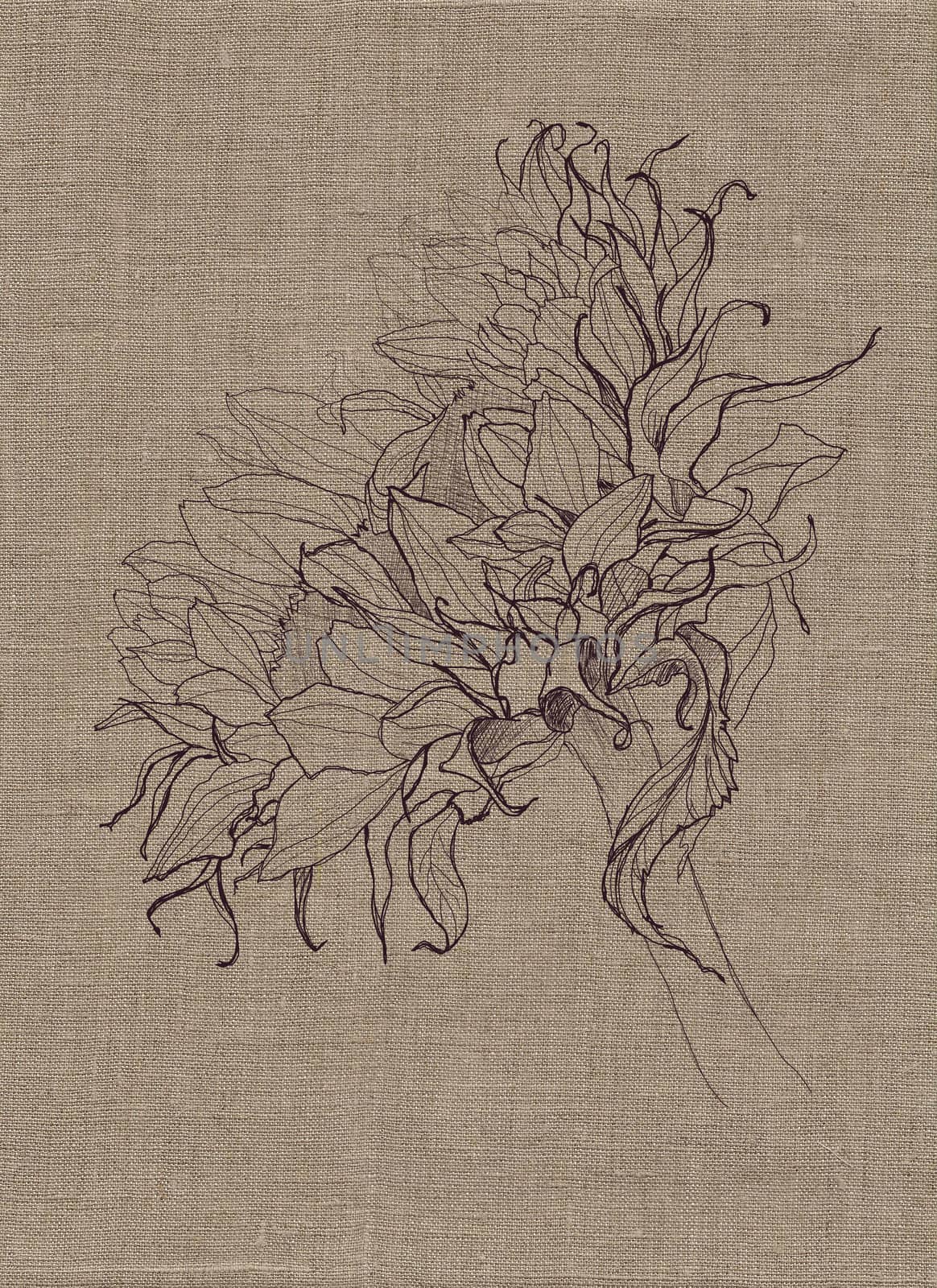 sunflower drawing on beige linen canvas texture background