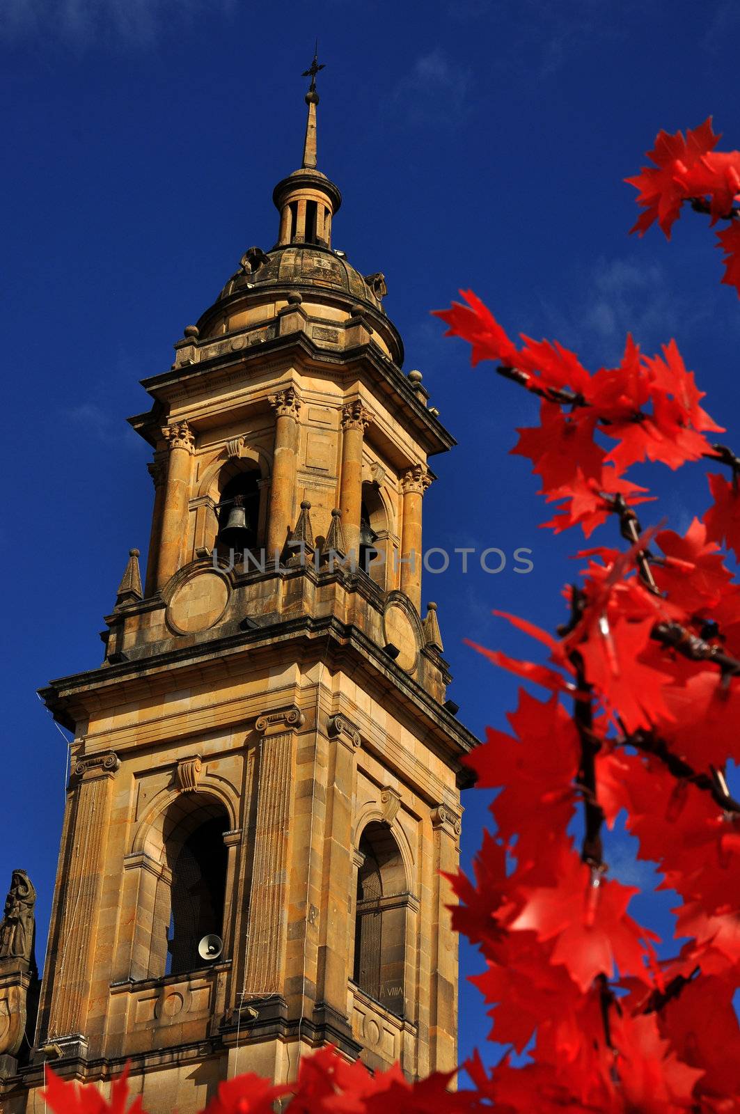
Spire of cathedral with Christmas decorations in Bogota, Colombia