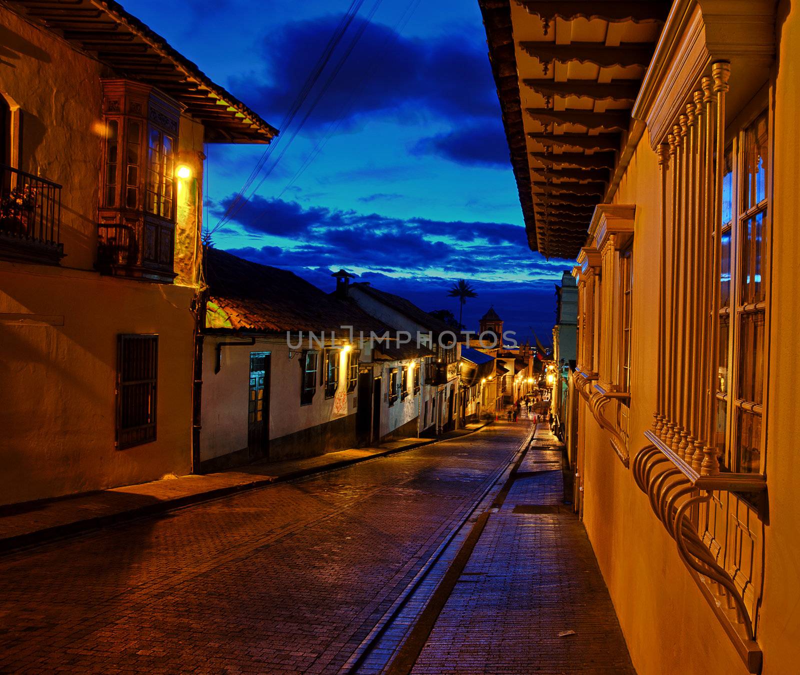 A view of Bogota's colonial neighborhood taken at night