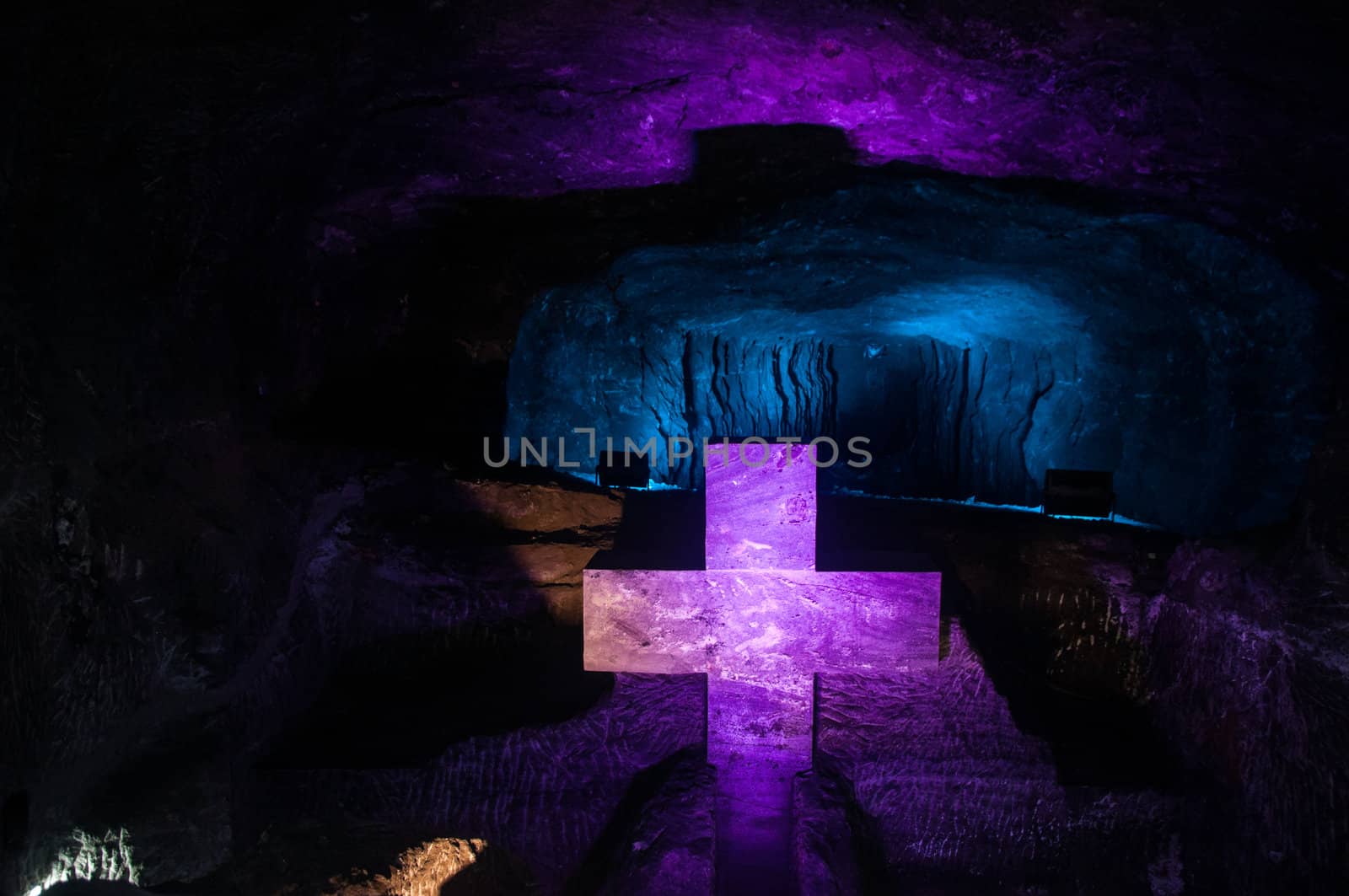 Large purple salt cross in salt cathedral in Colombia