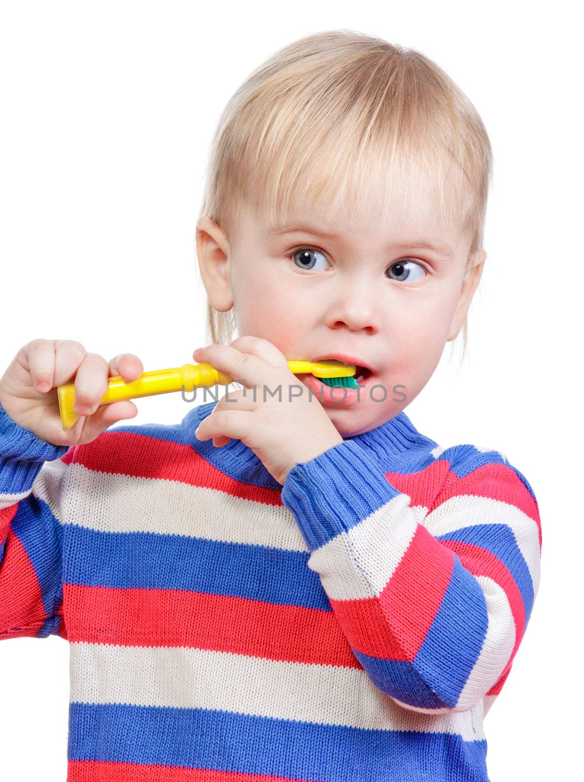 Portrait of cute little girl brushing teeth on white background