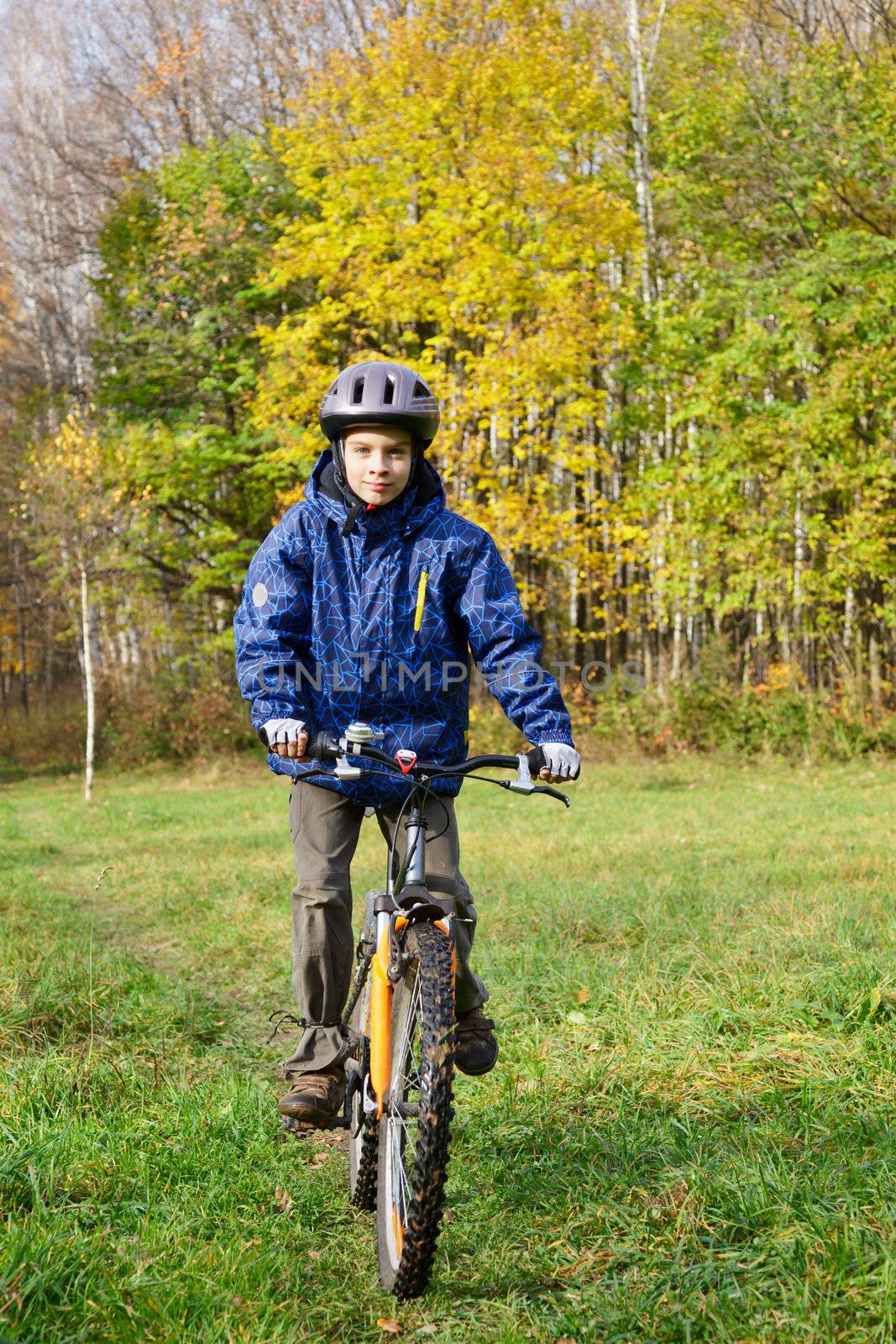 Kid cycling in autumn park