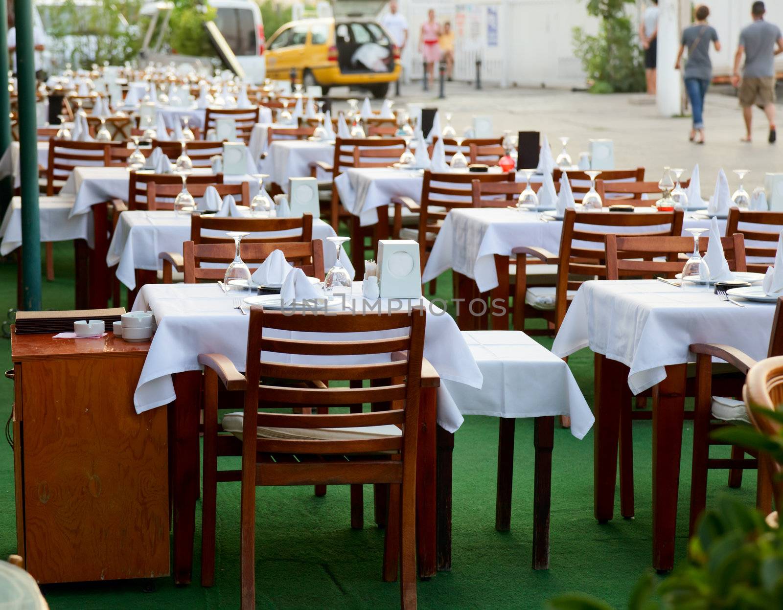 Empty tables of a street restaurant in Turkey — crisis concept