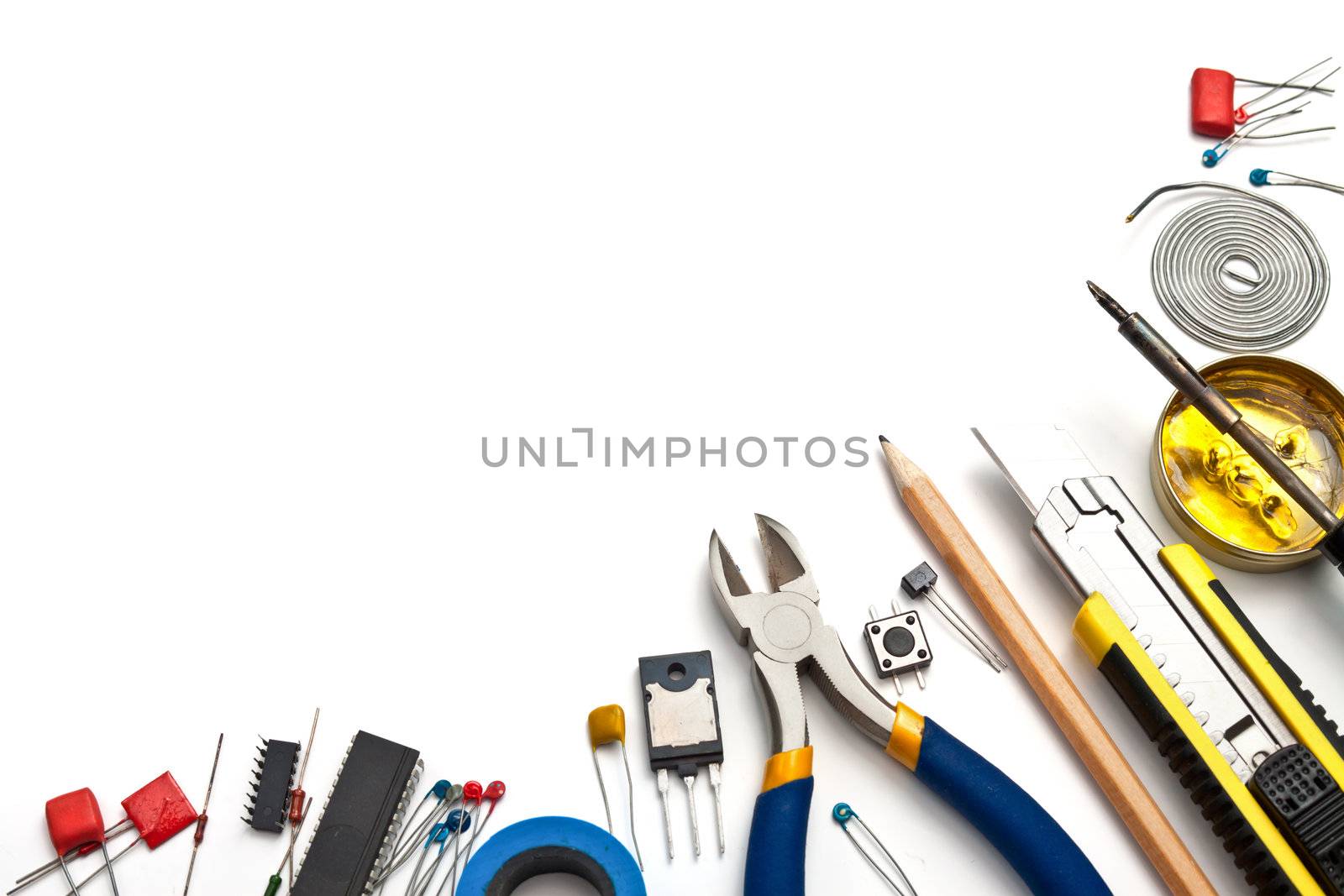 Set of electronic tools and components on white background