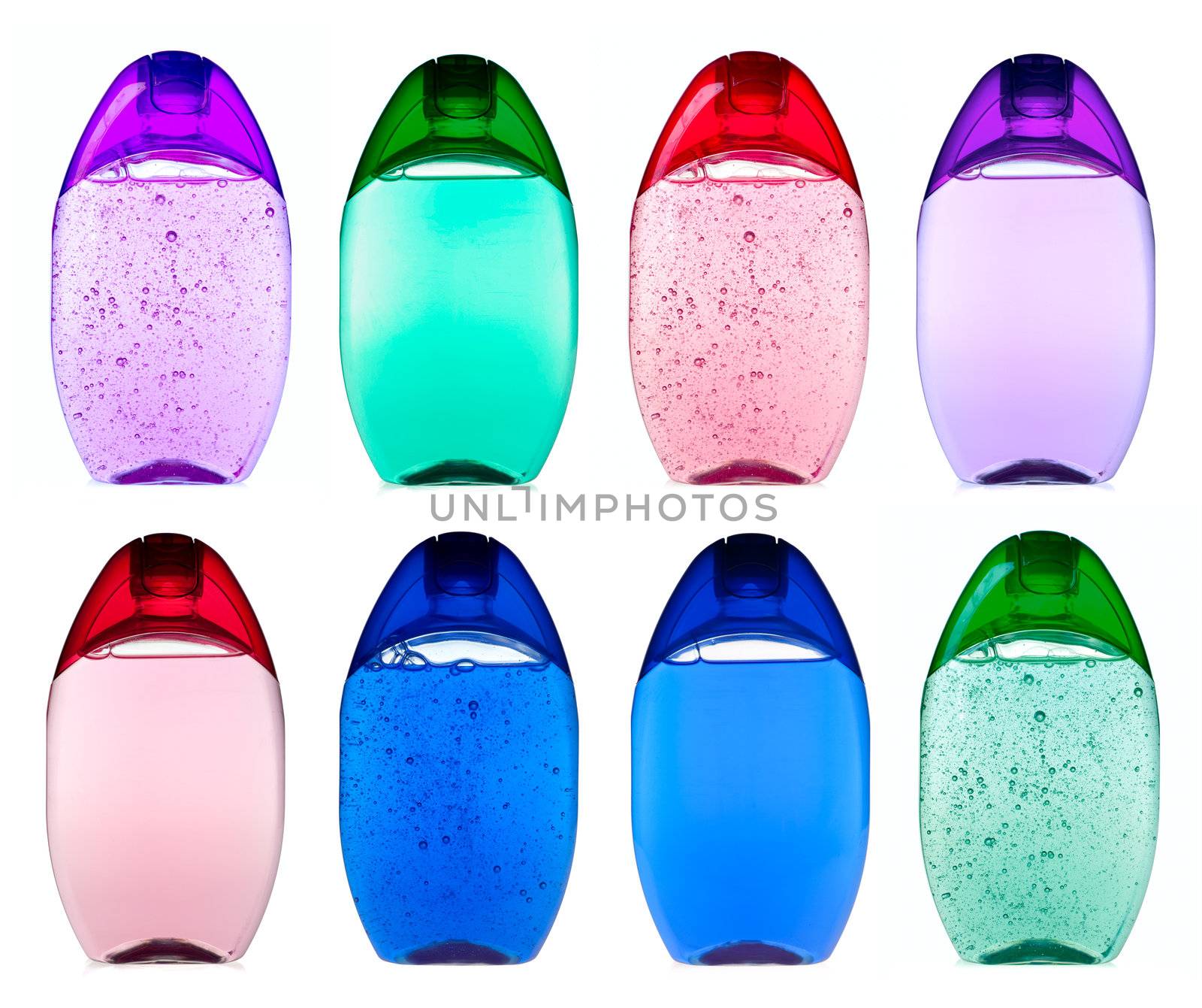 Shampoo bottles collection on white background