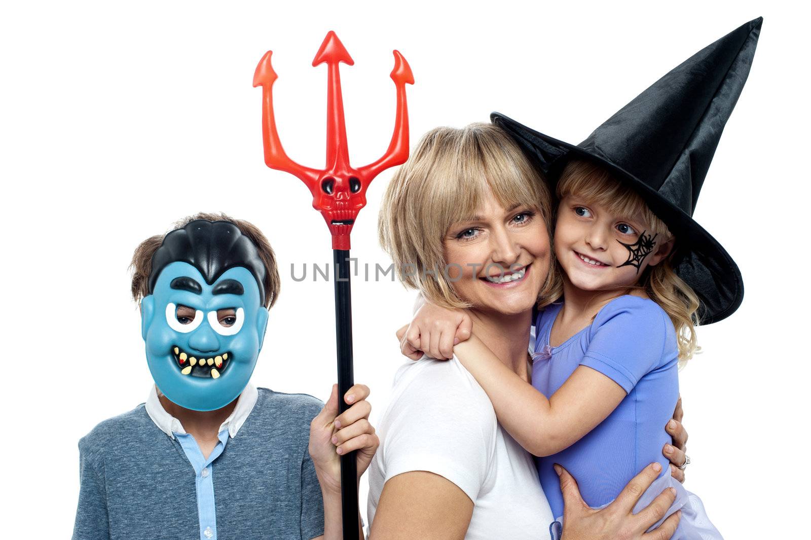 Mom with son and daughter. Halloween dress up. All against white background.