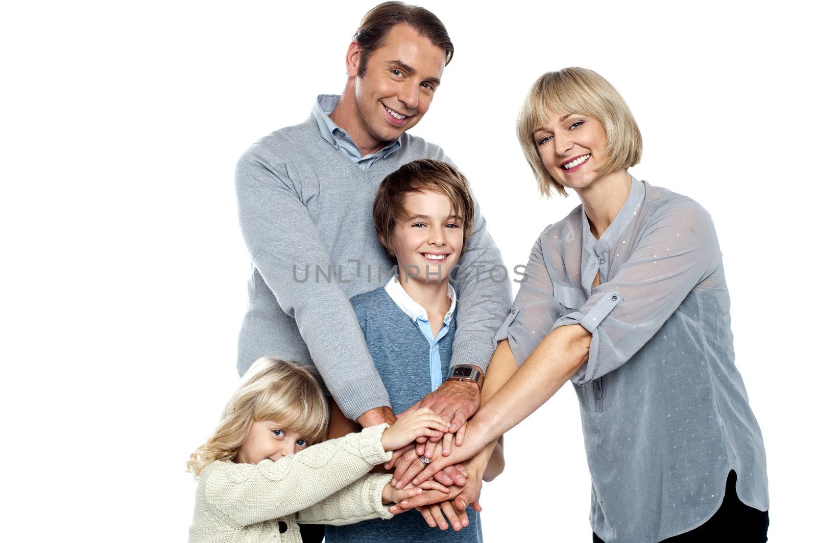 United family pledging their forever support. Isolated on white background.