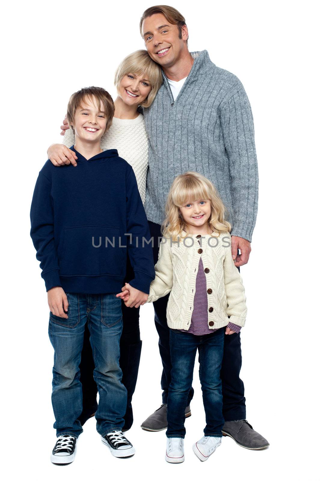 Cheerfully winter wear family of four isolated on white background.